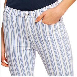 FRAME Le Bardot Crop Flare Leg Jeans Striped Mid Rise Raw Hem, Dutch Blue Multi